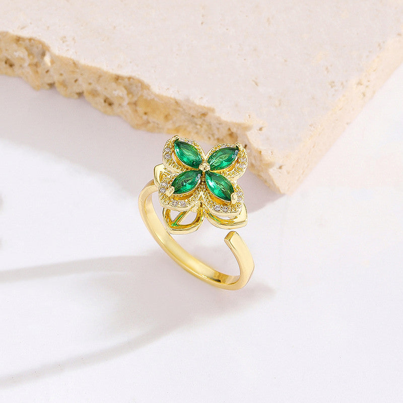 Gold Plated contemporary Style Green Rotatable Adjustable Ring