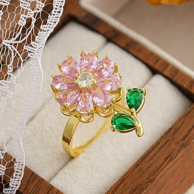 Gold Plated Floral Style Multicolor Rotatable Adjustable Ring