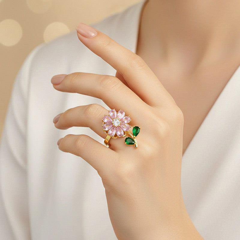 Gold Plated Floral Style Multicolor Rotatable Adjustable Ring