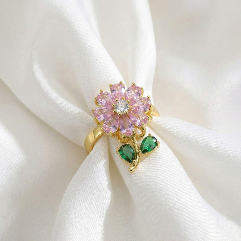 Gold Plated Floral Style Multicolor Rotatable Adjustable Ring