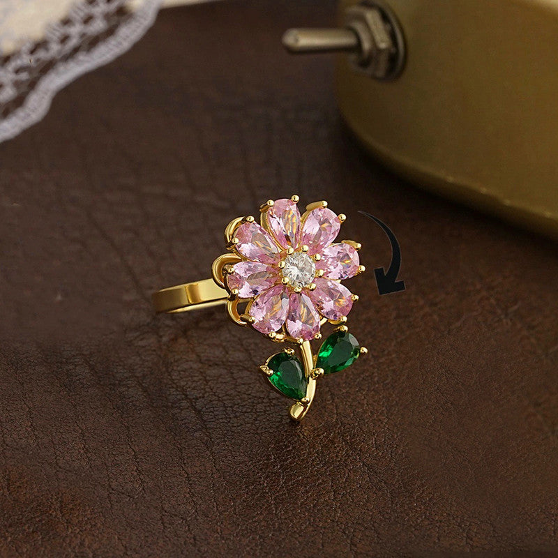 Gold Plated Floral Style Multicolor Rotatable Adjustable Ring