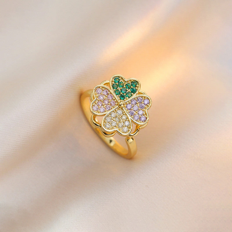 Gold Plated Clover Themed Multicolor Rotatable Adjustable Ring