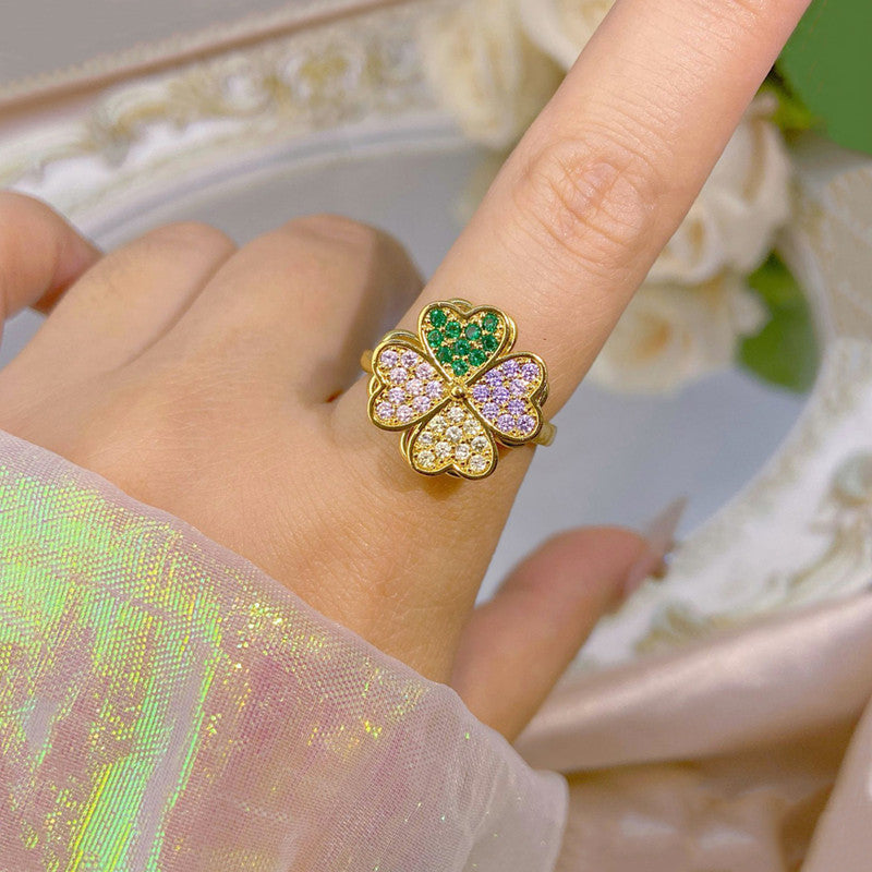 Gold Plated Clover Themed Multicolor Rotatable Adjustable Ring