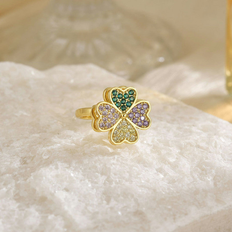 Gold Plated Clover Themed Multicolor Rotatable Adjustable Ring