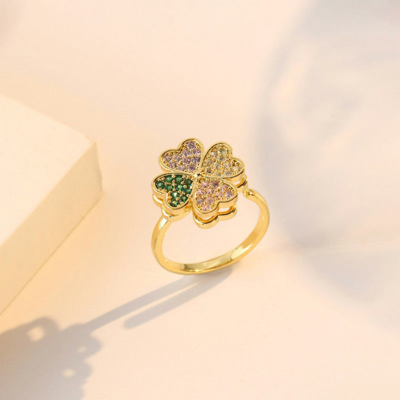 Gold Plated Clover Themed Multicolor Rotatable Adjustable Ring