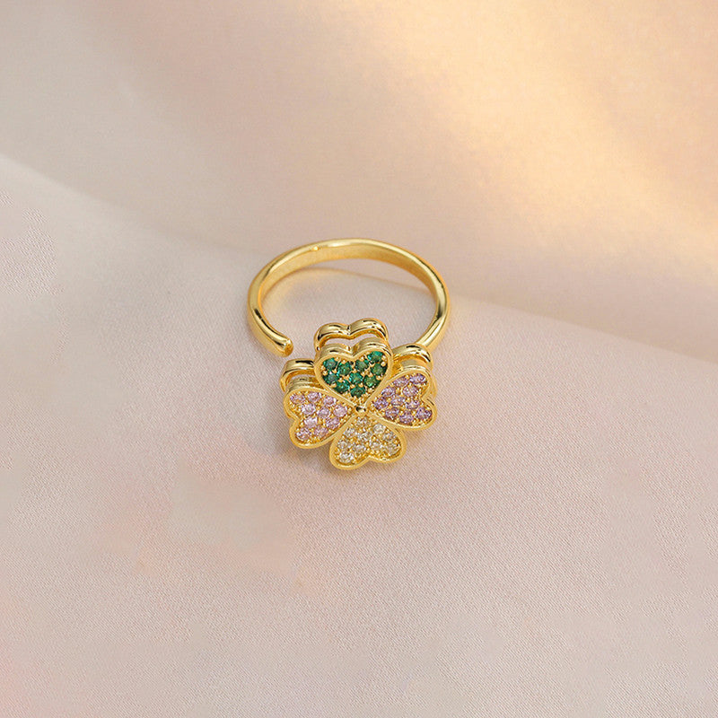 Gold Plated Clover Themed Multicolor Rotatable Adjustable Ring