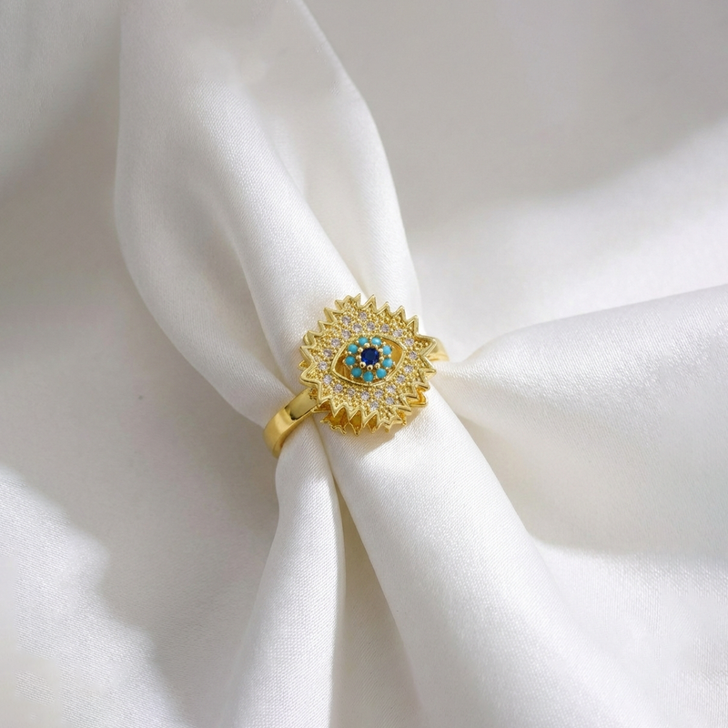 Gold Plated Evil Eye Themed Rotatable Adjustable Ring