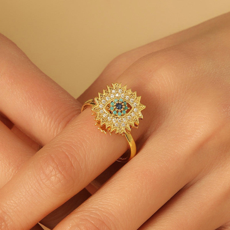 Gold Plated Evil Eye Themed Rotatable Adjustable Ring
