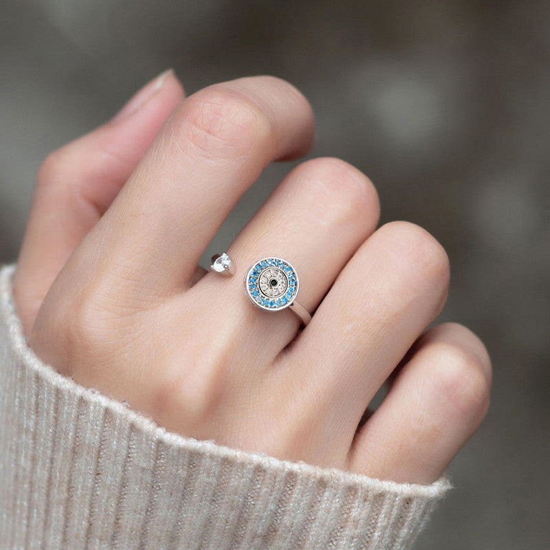 Silver Plated Multicolor Evil Eye Themed Rotatable Adjustable Ring