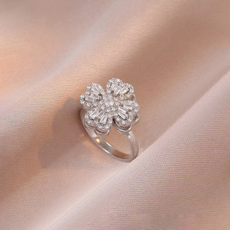 Silver Plated Clover Themed Rotatable Adjustable Ring