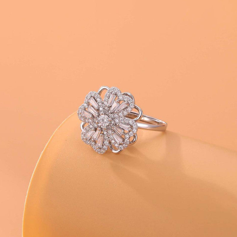 Silver Plated Clover Themed Rotatable Adjustable Ring