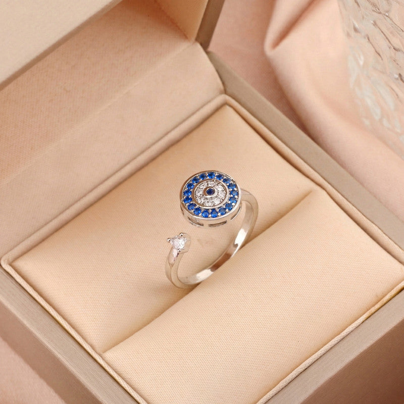 Silver Plated Multicolor Evil Eye Themed Rotatable Adjustable Ring