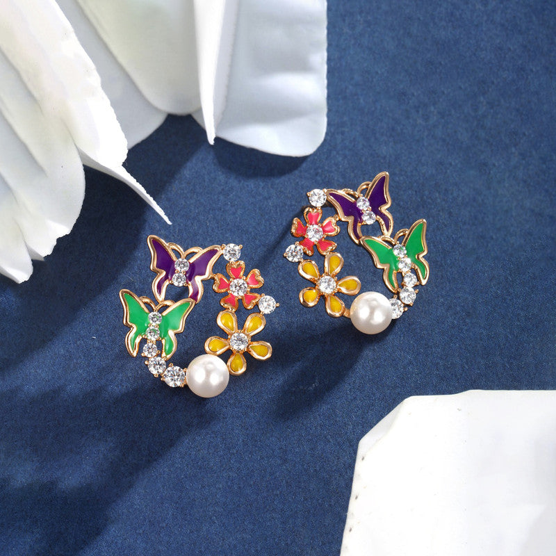 Xuping Jewelry Gold-Plated Butterfly Themed Multicolour AD Studded Hoop Earrings