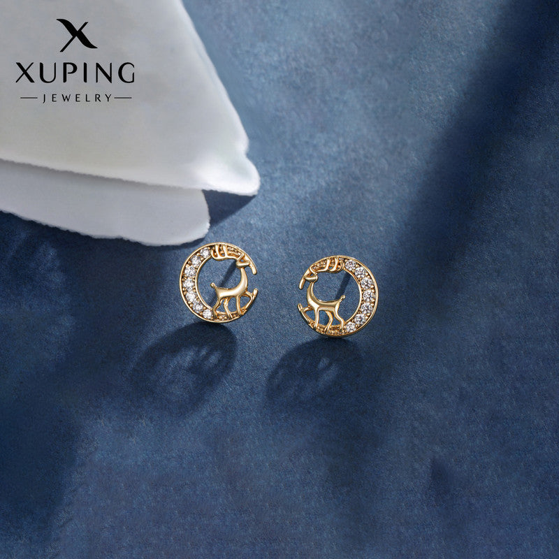 Xuping Jewelry Gold-Plated Deer Themed AD Studded Contemporary Stud Earrings