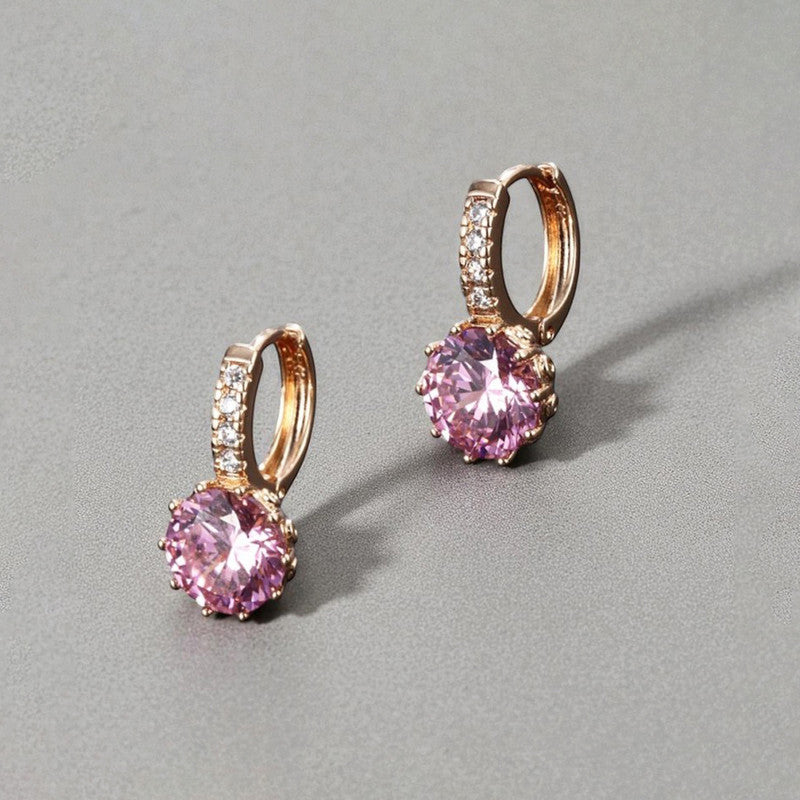Xuping Jewelry Gold-Plated Pink Geometric AD Studded Hoop Earrings