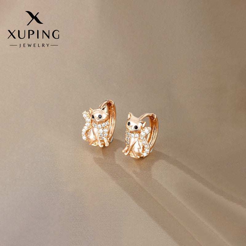 Xuping Jewelry Gold Plated Contemporary Cat Shaped AD Studded Hoop Earrings