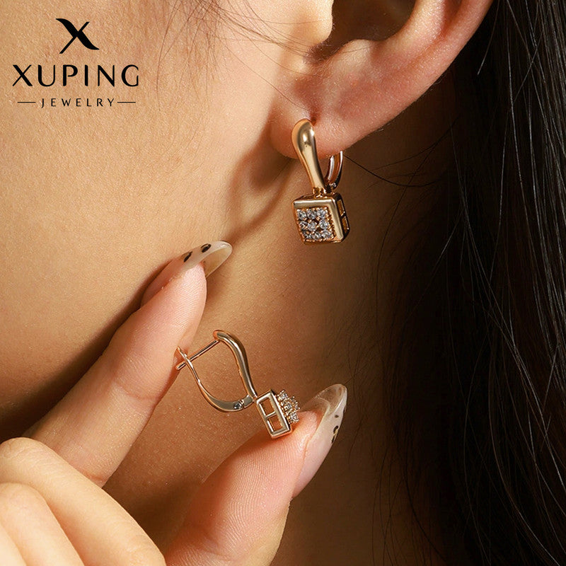 Xuping Jewelry Gold-Plated Gold Toned Contemporary Square Shaped AD Studded Hoop Earrings