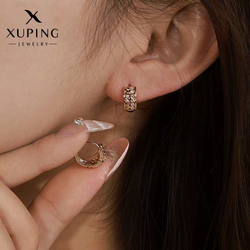 Xuping Jewelry Gold-Plated Gold Toned AD Studded Leaf Themed Contemporary Hoop Earrings