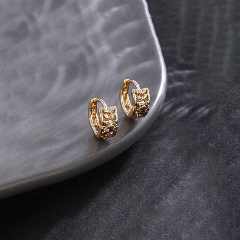 Xuping Jewelry Gold-Plated Gold Toned AD Studded Leaf Themed Contemporary Hoop Earrings