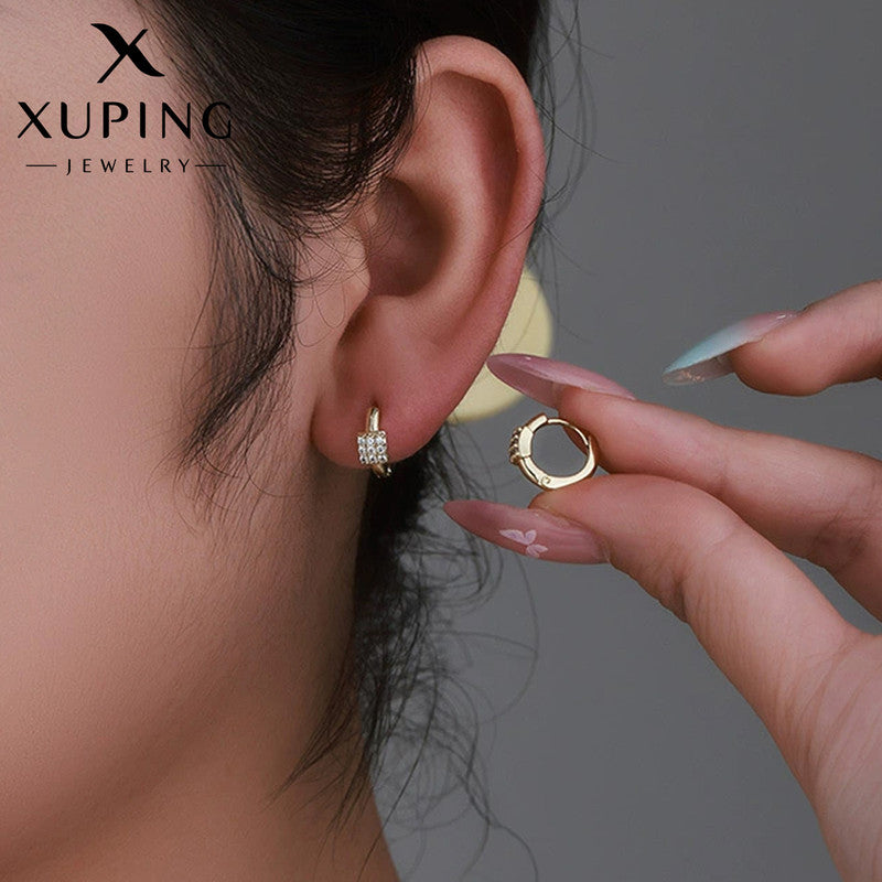 Xuping Jewelry Gold-Plated Gold Toned Contemporary Square Shaped AD Studded Hoop Earrings