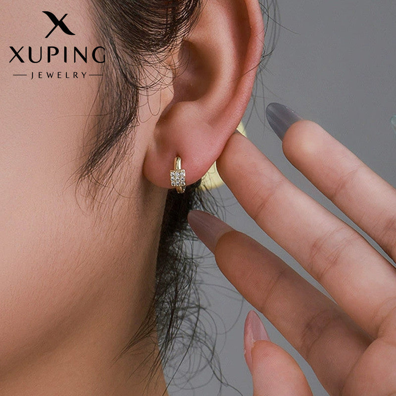 Xuping Jewelry Gold-Plated Gold Toned Contemporary Square Shaped AD Studded Hoop Earrings