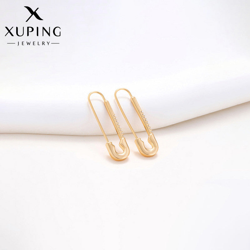Xuping Jewelry Gold-Plated Safety Pin Shaped AD Studded Drop Earrings