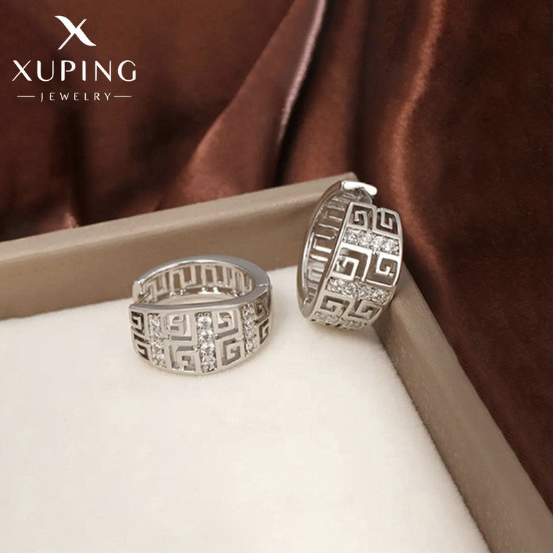 Xuping Jewelry Silver-Plated Silver Toned AD Studded Contemporary Hoop Earrings