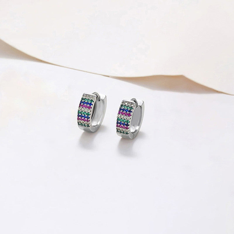 Xuping Jewelry Silver-Plated Multicolour Silver Toned AD Studded Contemporary Hoop Earrings