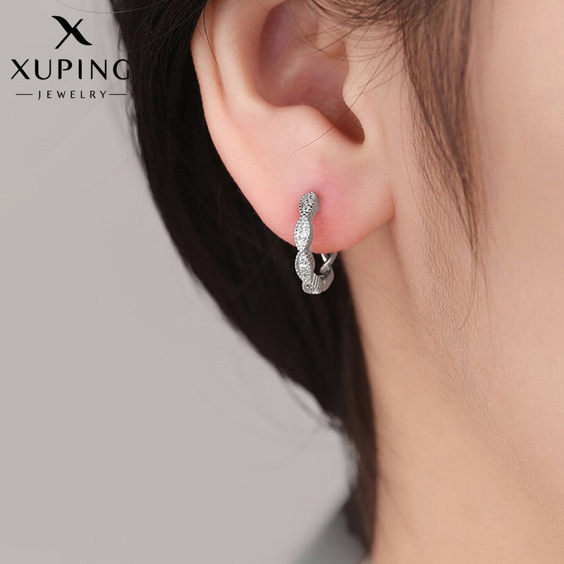 Xuping Jewelry Silver-Plated Silver Toned AD Studded Contemporary Hoop Earrings