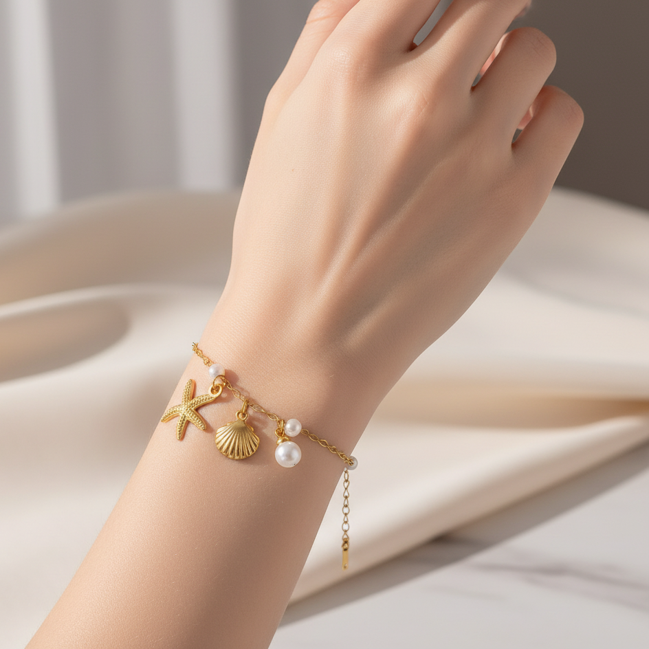 Gold Plated Anti Tarnish Stainless Steel Star Fish Themed Wraparound Bracelet