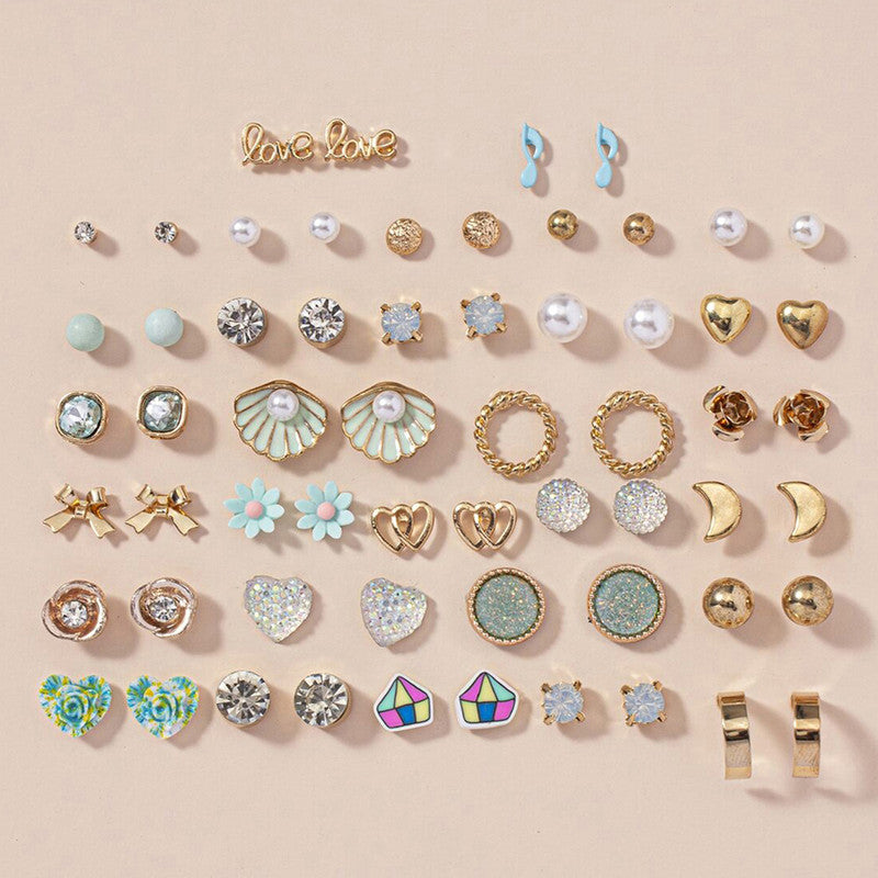 Gold Plated Multicolour Studs Quirky Earrings Combo of 30 For Women - MySmartBazaar