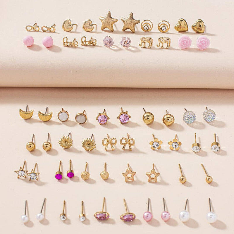 Gold Plated Gold-Pink Toned Studs Fashionable Earrings Combo of 30 For Women - MySmartBazaar