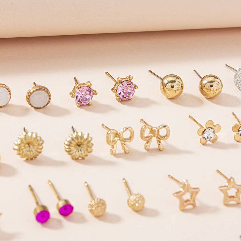 Gold Plated Gold-Pink Toned Studs Fashionable Earrings Combo of 30 For Women - MySmartBazaar