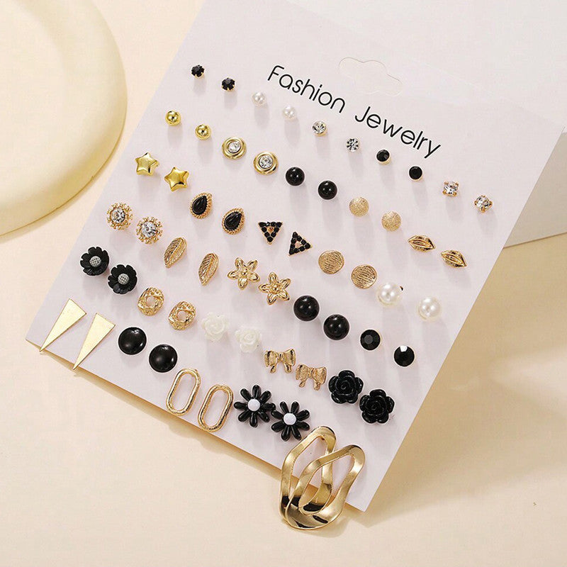 Gold Plated Gold-Black Toned Studs Fashionable Earrings Combo of 30 For Women - MySmartBazaar