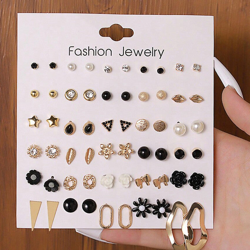 Gold Plated Gold-Black Toned Studs Fashionable Earrings Combo of 30 For Women - MySmartBazaar
