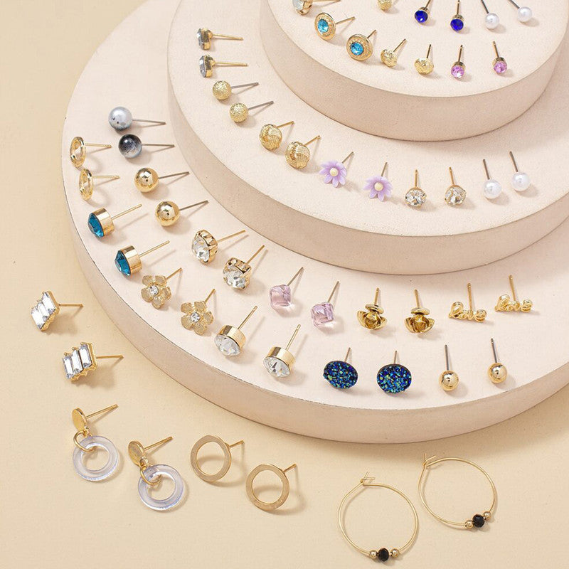 Gold Plated Multicolour Studs Quirky Earrings Combo of 30 For Women - MySmartBazaar