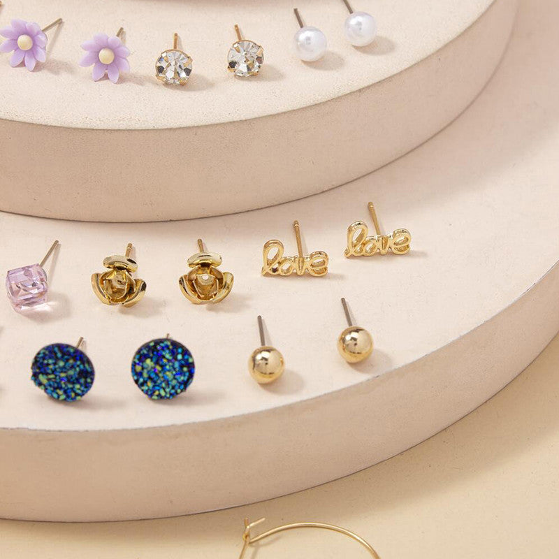 Gold Plated Multicolour Studs Quirky Earrings Combo of 30 For Women - MySmartBazaar