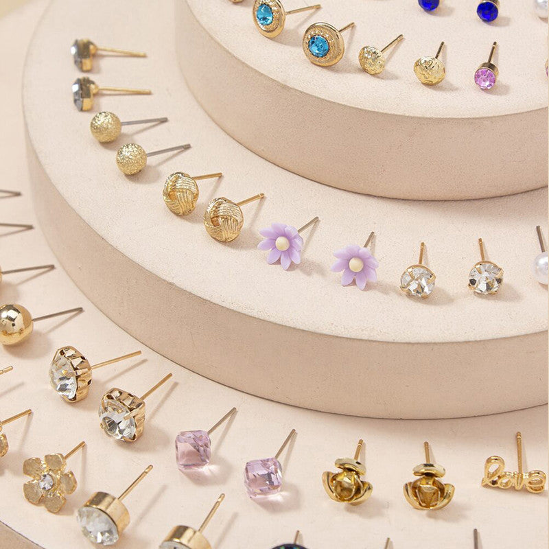 Gold Plated Multicolour Studs Quirky Earrings Combo of 30 For Women - MySmartBazaar