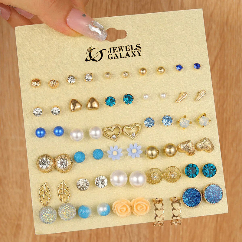 Gold Plated Multicolour Studs Quirky Earrings Combo of 30 For Women - MySmartBazaar