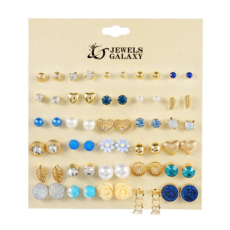 Gold Plated Multicolour Studs Quirky Earrings Combo of 30 For Women - MySmartBazaar