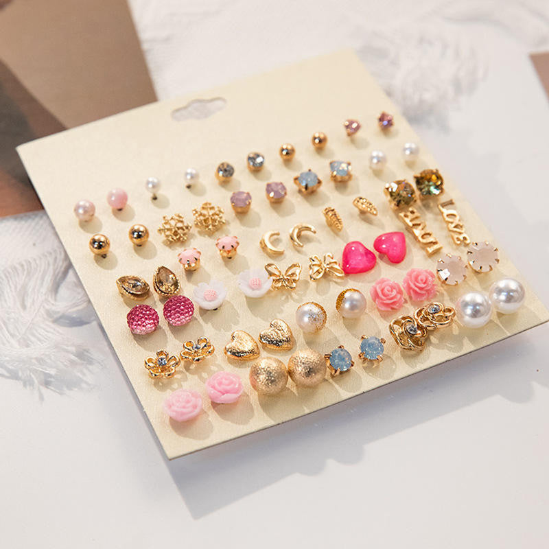 Gold Plated Gold-Pink Toned Studs Fashionable Earrings Combo of 30 For Women - MySmartBazaar