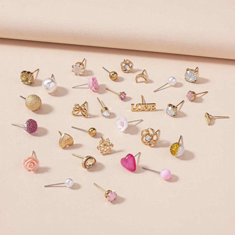 Gold Plated Gold-Pink Toned Studs Fashionable Earrings Combo of 30 For Women - MySmartBazaar