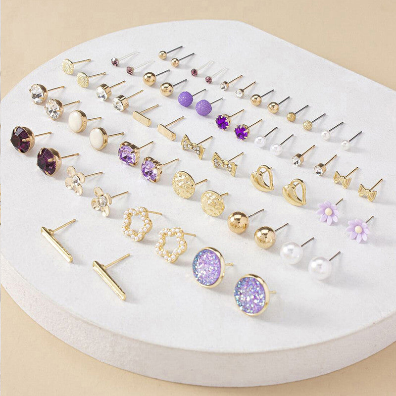 Gold Plated Multicolour Studs Quirky Earrings Combo of 30 For Women - MySmartBazaar