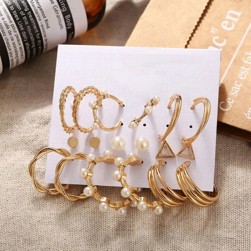 Gold Plated Gold-Toned Contemporary Hoop Earrings Set of 9 - MySmartBazaar