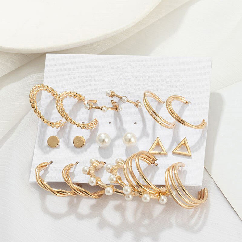 Gold Plated Gold-Toned Contemporary Hoop Earrings Set of 9 - MySmartBazaar