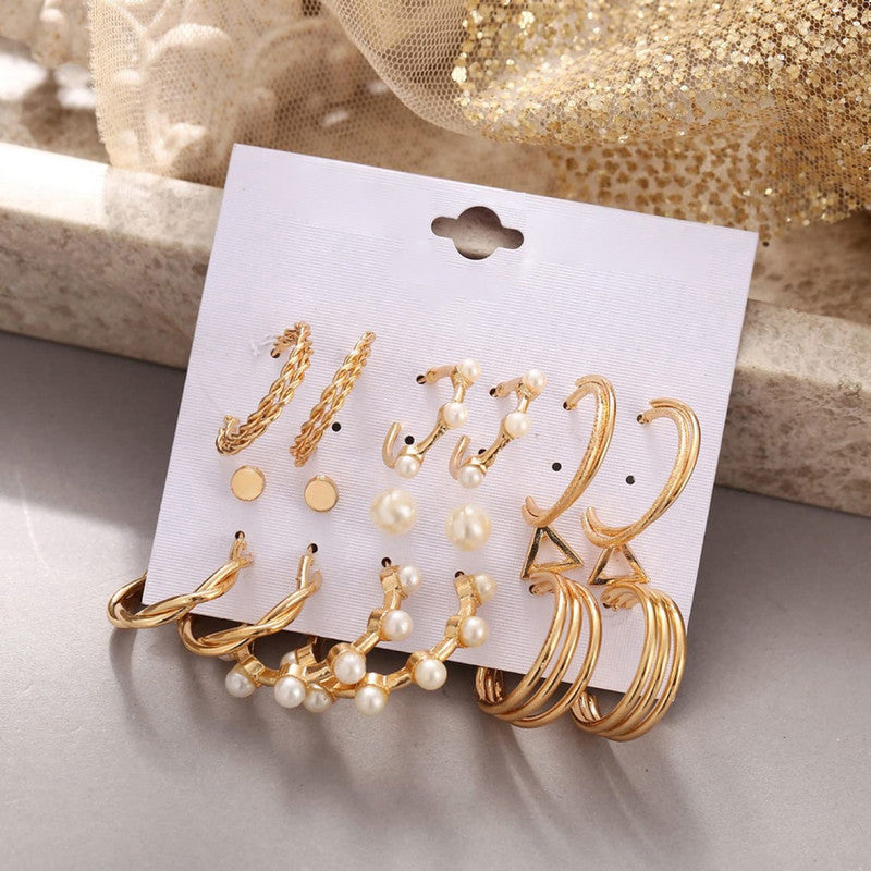 Gold Plated Gold-Toned Contemporary Hoop Earrings Set of 9 - MySmartBazaar