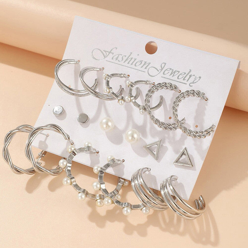 Silver Plated Silver-Toned Contemporary Hoop Earrings Set of 9 - MySmartBazaar