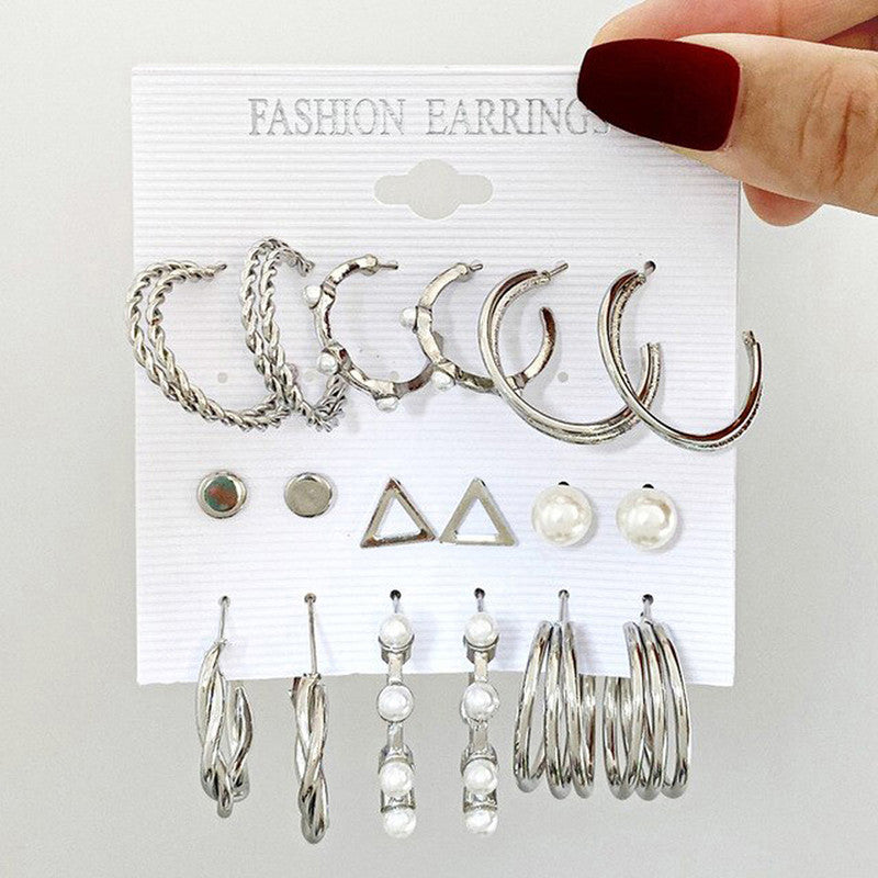 Silver Plated Silver-Toned Contemporary Hoop Earrings Set of 9 - MySmartBazaar