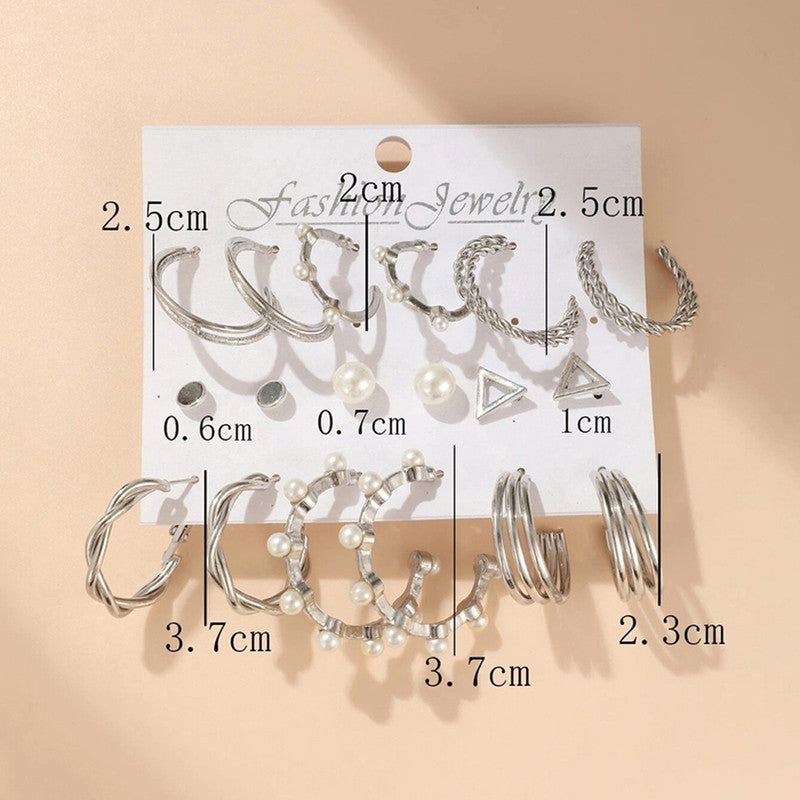 Silver Plated Silver-Toned Contemporary Hoop Earrings Set of 9 - MySmartBazaar