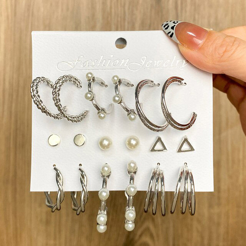 Silver Plated Silver-Toned Contemporary Hoop Earrings Set of 9 - MySmartBazaar